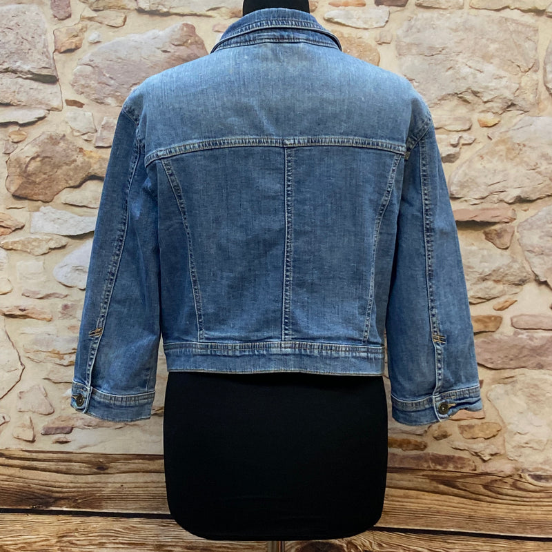 „Vintage Jeansjacke Damen Rückansicht kurz blau Denim“