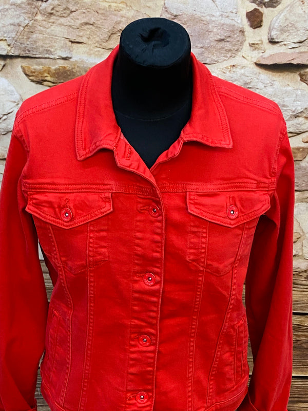 „Vintage Jeansjacke Damen Detail Brusttaschen roter Denim“