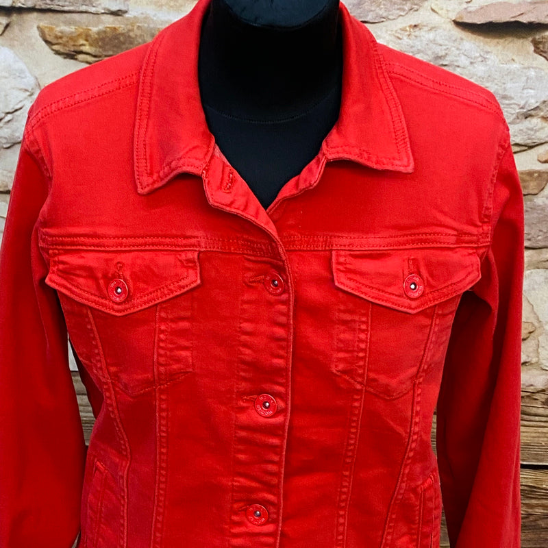 „Vintage Jeansjacke Damen Detail Brusttaschen roter Denim“
