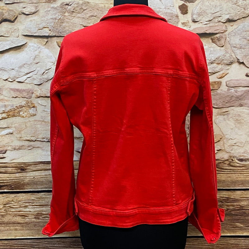 „Vintage Jeansjacke Damen Rückansicht klassischer Schnitt rot“