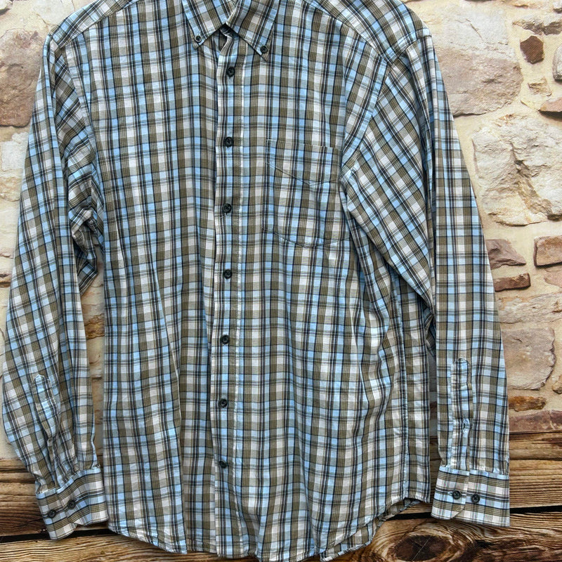 Vintage kariertes Baumwollhemd beige hellblau braun S 37/38 Button‑Down