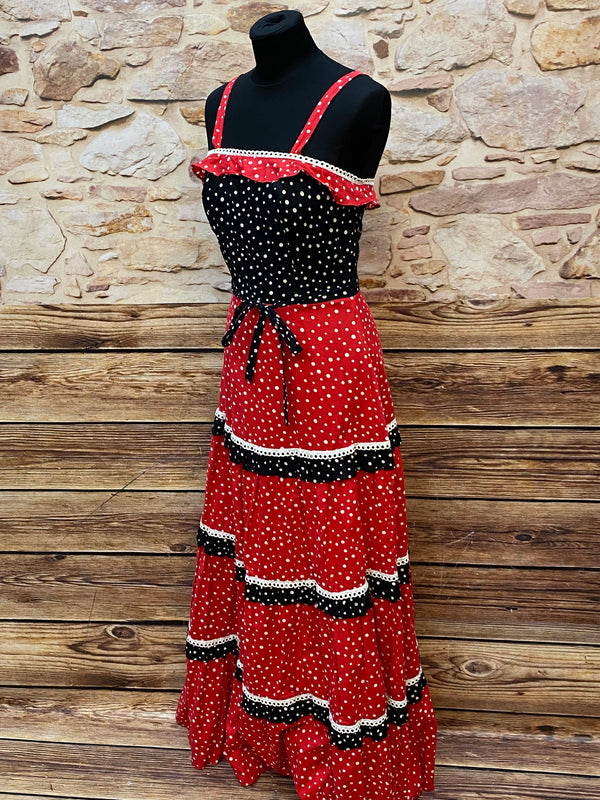 70er Jahre Vintage Maxikleid Rot Schwarz Polka Dots – Sommerkleid Gr. 34, Ansicht 4