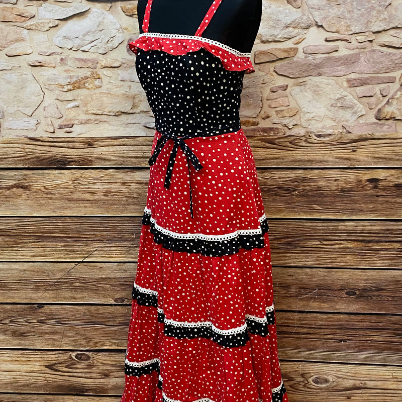 70er Jahre Vintage Maxikleid Rot Schwarz Polka Dots – Sommerkleid Gr. 34, Ansicht 4
