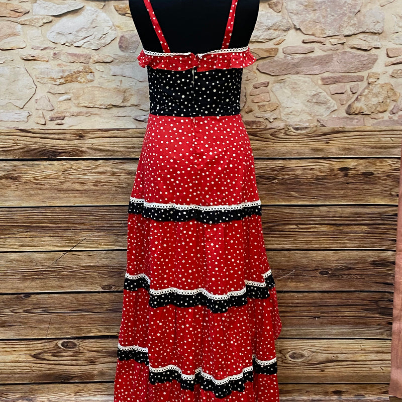 70er Jahre Vintage Maxikleid Rot Schwarz Polka Dots – Sommerkleid Gr. 34, Ansicht 5