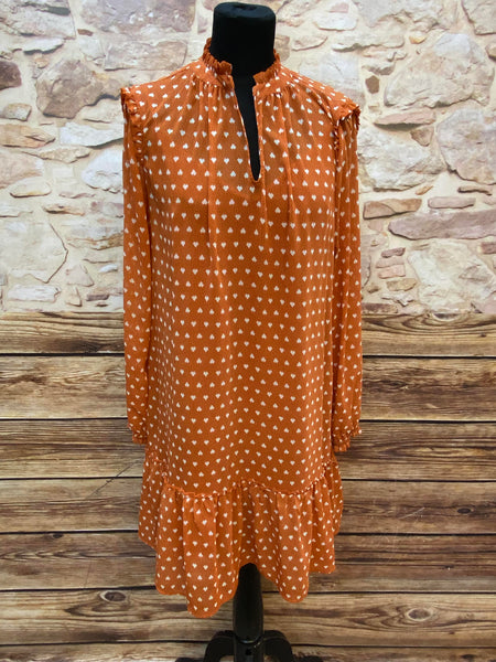 „Vintage Kleid orange 20er Stil Damenkleid mit Muster und Volant“