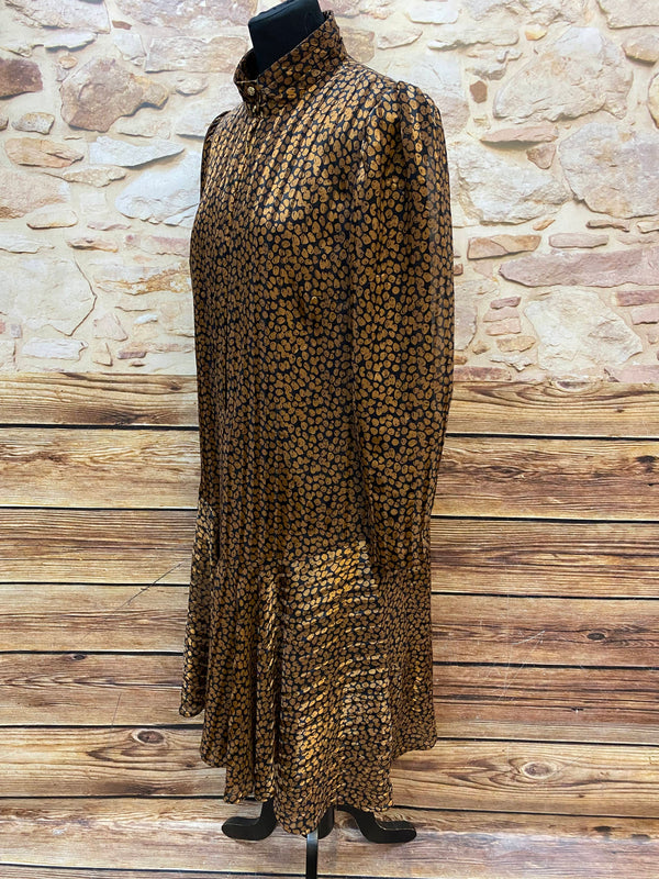 Vintage Kleid Damen Gr. 42 Schwarz Gold Muster 20er Stil Stehkragen, Ansicht 3