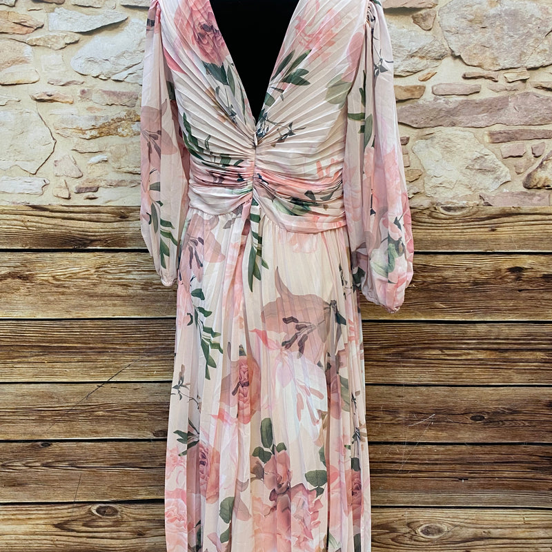 Vintage Abendkleid Damen Gr. 40 Floral Plissee Chiffon Kleid lang, Ansicht 3
