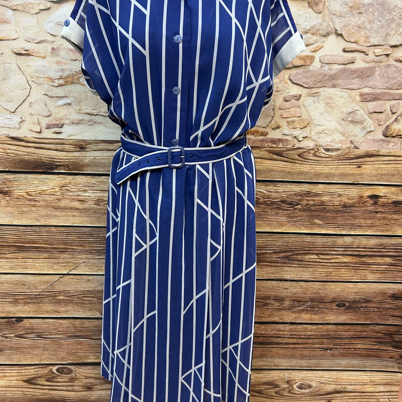 Vintage Kleid in Blau-Weiß von Lady Adler mit Streifenmuster und Gürtel, Größe 46, 1980er Jahre