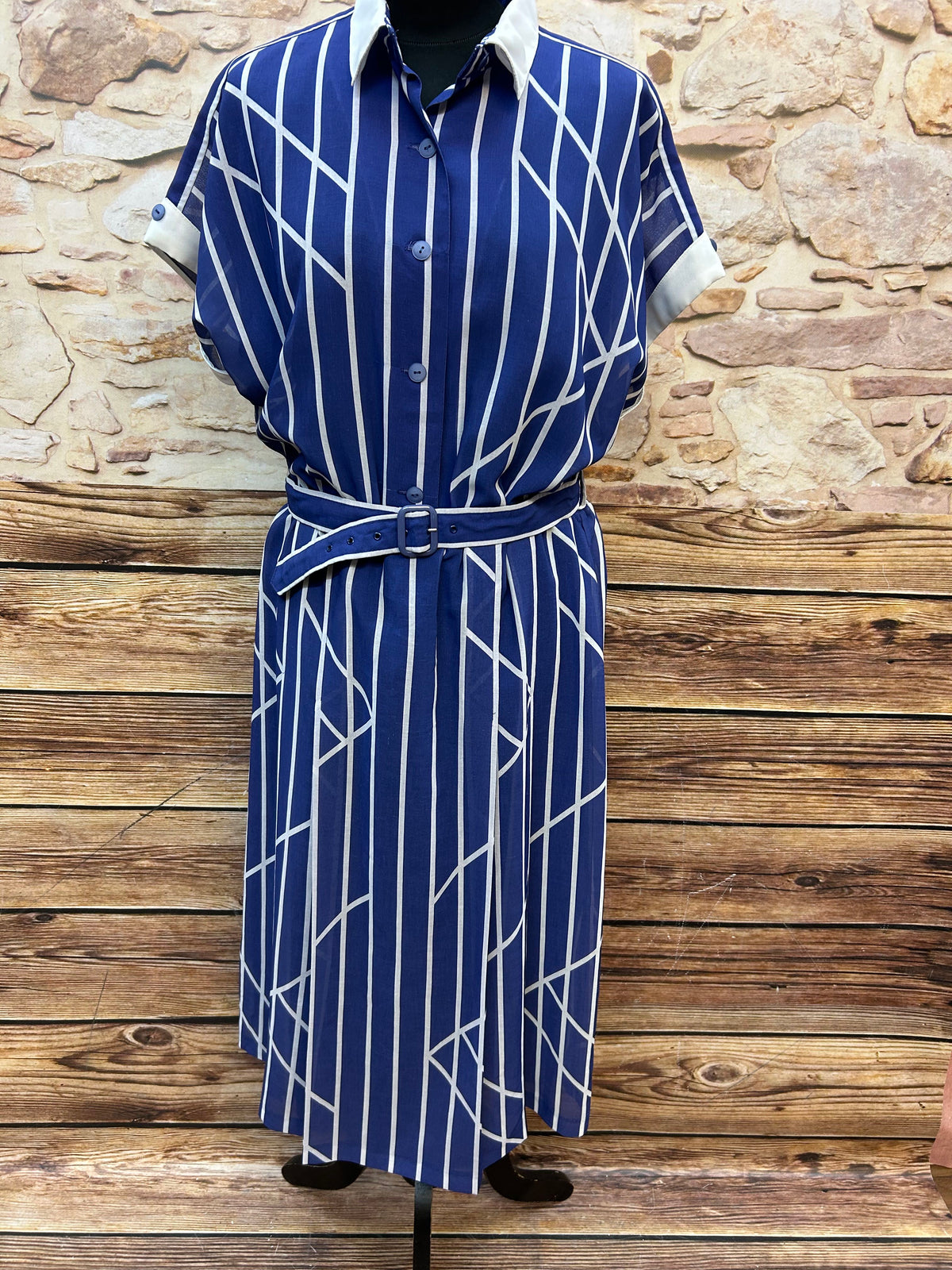Vintage Kleid in Blau-Weiß von Lady Adler mit Streifenmuster und Gürtel, Größe 46, 1980er Jahre
