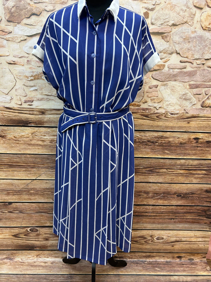 Vintage Kleid in Blau-Weiß von Lady Adler mit Streifenmuster und Gürtel, Größe 46, 1980er Jahre