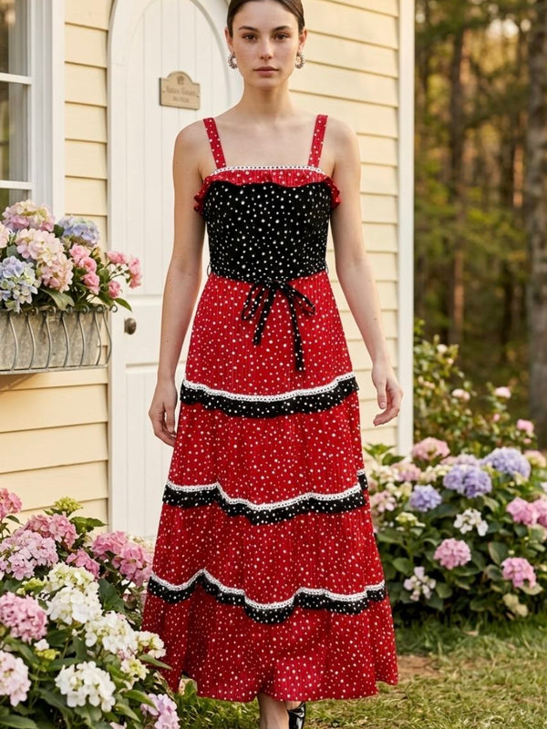 „70er Jahre Vintage Maxikleid rot schwarz gepunktet langes Sommerkleid Damen“