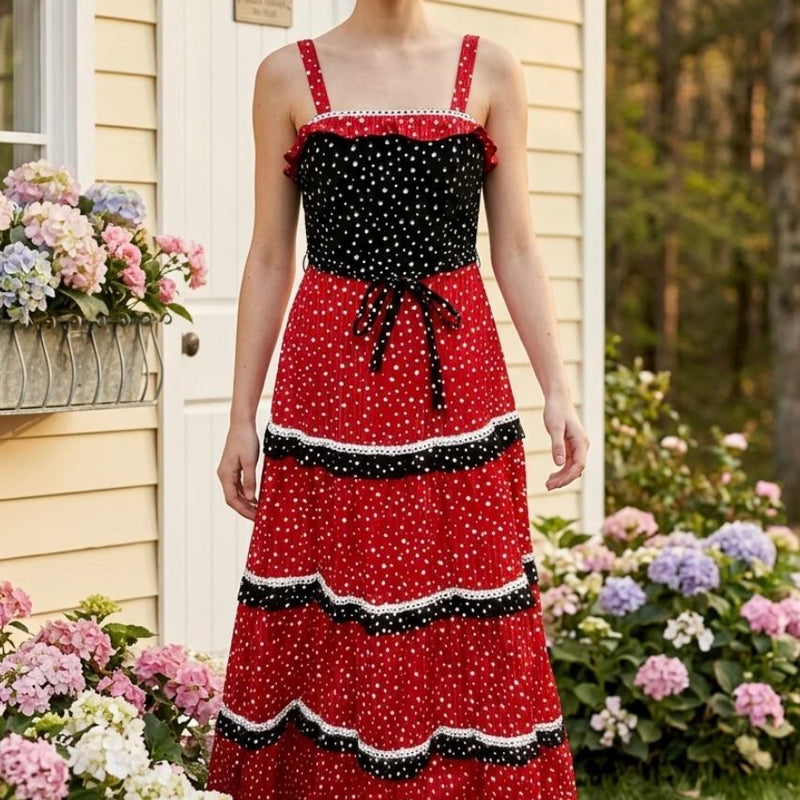 „70er Jahre Vintage Maxikleid rot schwarz gepunktet langes Sommerkleid Damen“