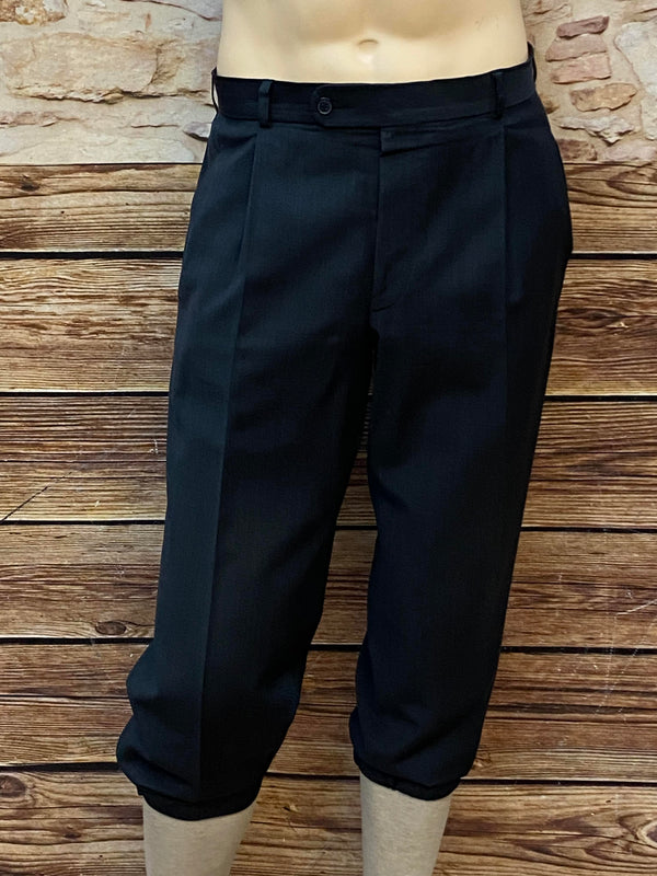 Anthrazitfarbene Knickerbocker-Hose aus Stretch-Schurwolle mit Bundfalten und weichem Beinabschluss, 20er-Jahre-Stil