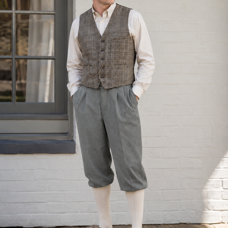 Herren Outfit im 20er Jahre Stil mit grauer Knickerbocker, karierter Weste, Hemd und Schiebermütze in heller Vintage-Umgebung
