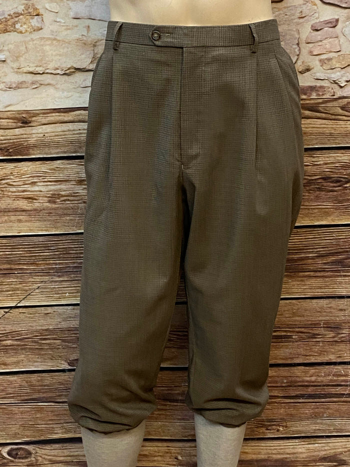 Vintage Herren-Knickerbocker aus Schurwolle in Braun-Oliv mit feinem Hahnentrittmuster, Bundweite 110 cm, 20er-Jahre-Stil, sehr guter Zustand.