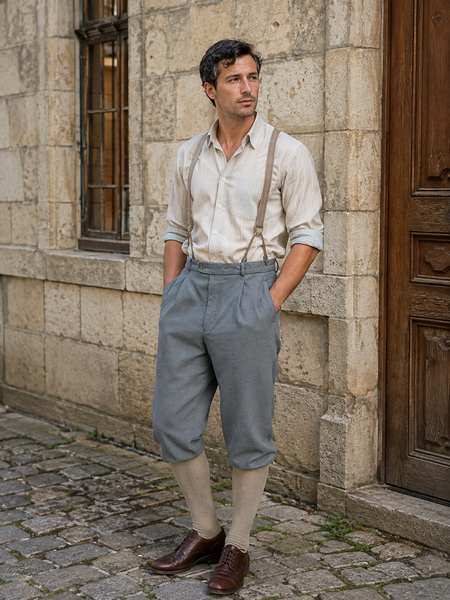 KI-erstelltes Bild eines Herren im 20er Jahre Stil mit grauer Knickerbocker, Hemd, Hosenträgern und Kniestrümpfen in historischer Umgebung.