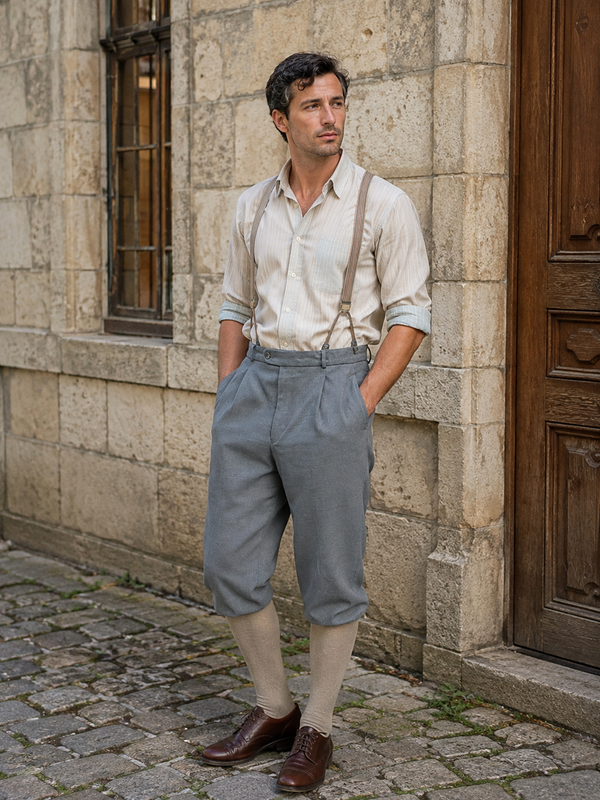 KI-erstelltes Bild eines Herren im 20er Jahre Stil mit grauer Knickerbocker, Hemd, Hosenträgern und Kniestrümpfen in historischer Umgebung.