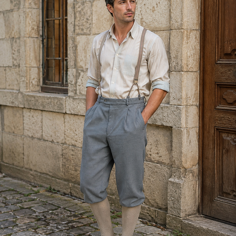 KI-erstelltes Bild eines Herren im 20er Jahre Stil mit grauer Knickerbocker, Hemd, Hosenträgern und Kniestrümpfen in historischer Umgebung.