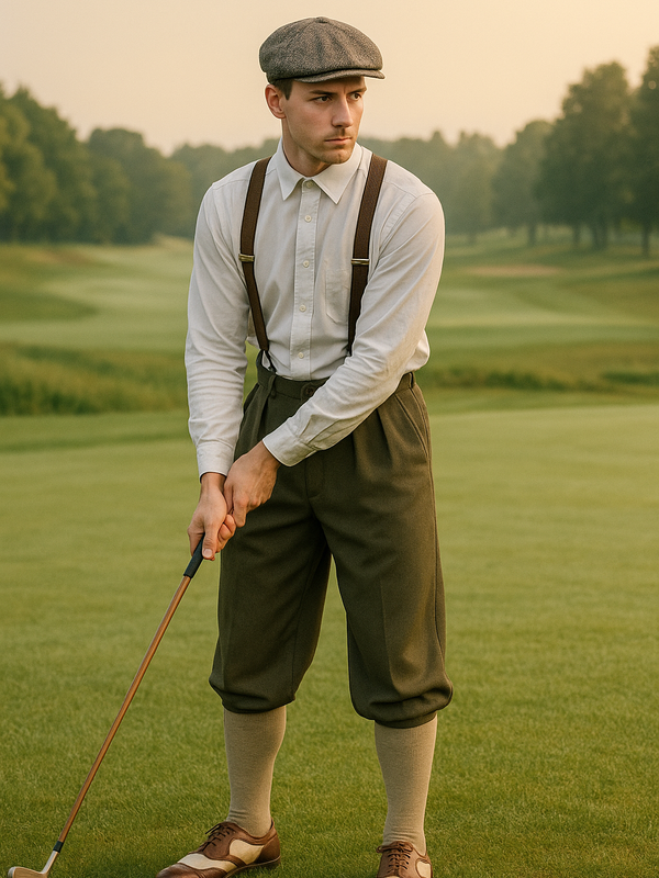 Motiv mit Knickerbocker, Hosenträgern, Schiebermütze und Golf-Club auf einer Morgenrunde – ganz im Stil der 1920er! 