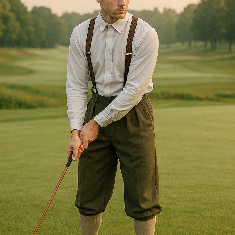 Motiv mit Knickerbocker, Hosenträgern, Schiebermütze und Golf-Club auf einer Morgenrunde – ganz im Stil der 1920er! 