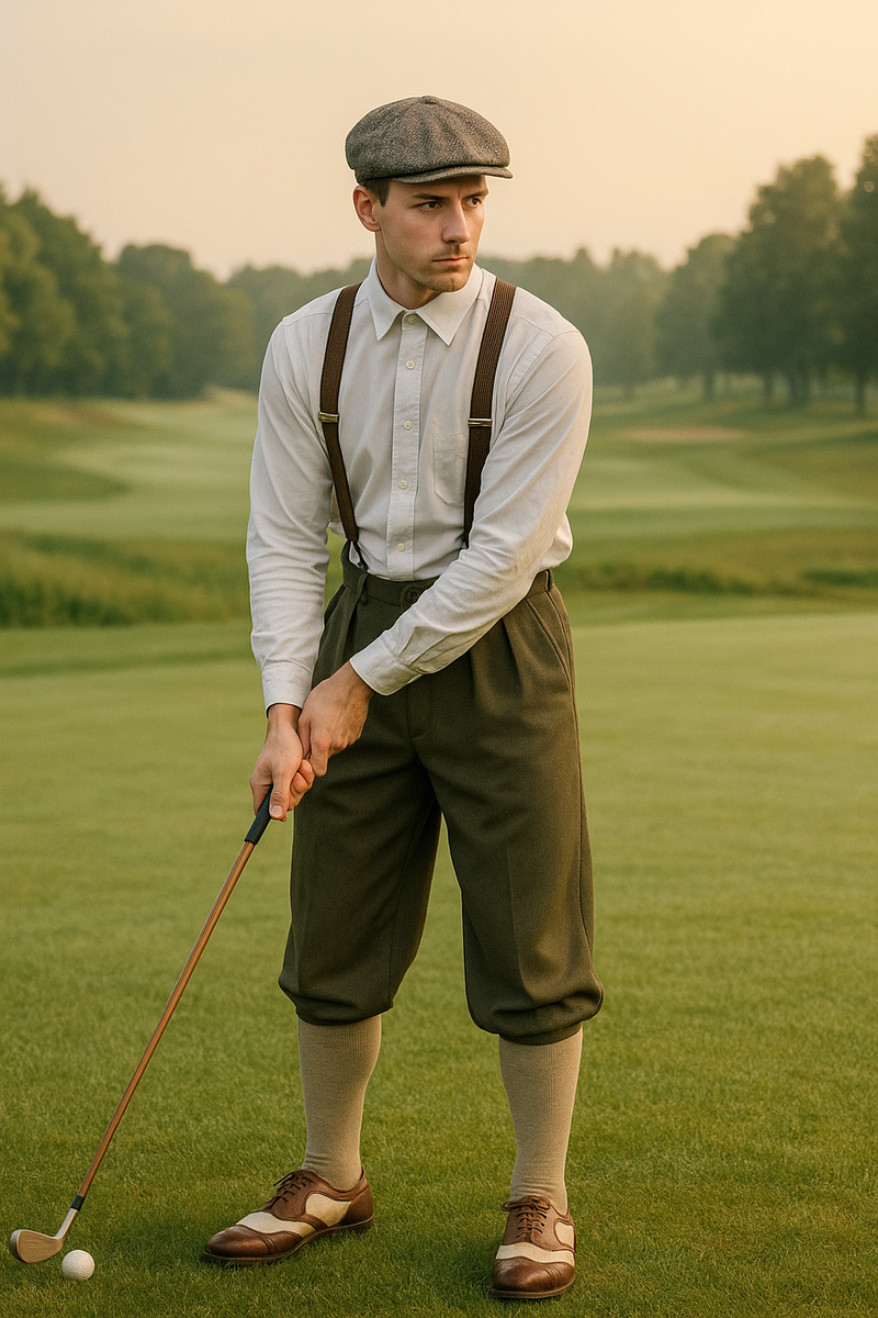 Motiv mit Knickerbocker, Hosenträgern, Schiebermütze und Golf-Club auf einer Morgenrunde – ganz im Stil der 1920er! 