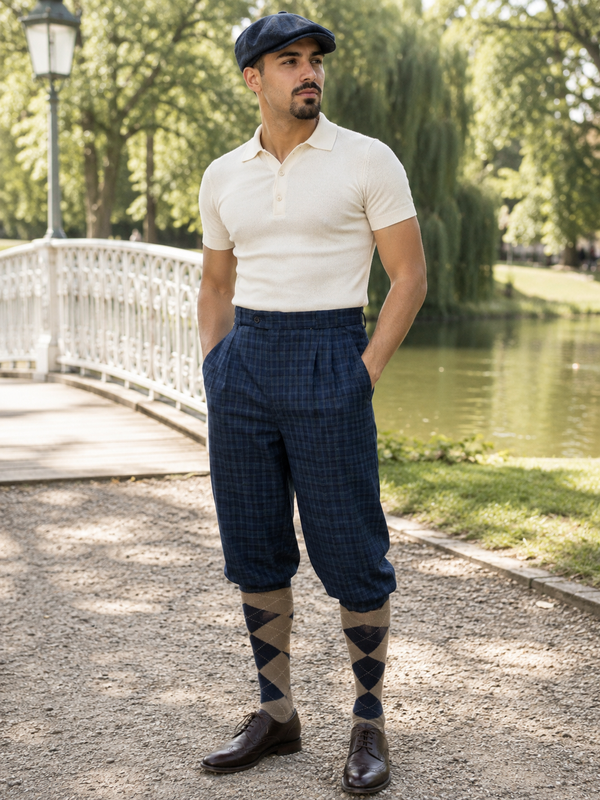 Vintage Knickerbocker Hose blau kariert im 20er Jahre Stil mit Poloshirt, Schiebermütze und Rauten-Kniestrümpfen im Park.