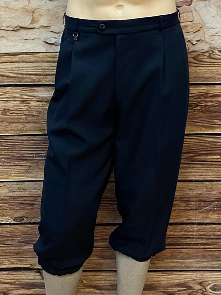 Nachtblaue Knickerbocker-Hose mit Bundfalten und elastischem Beinabschluss im 20er-Jahre-Stil 