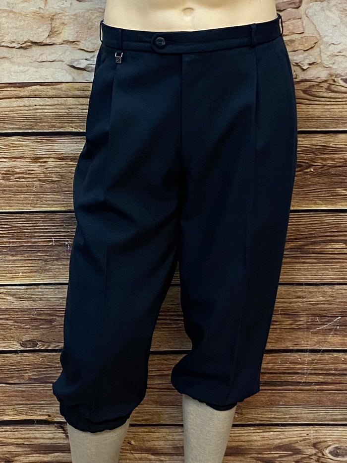 Nachtblaue Knickerbocker-Hose mit Bundfalten und elastischem Beinabschluss im 20er-Jahre-Stil 