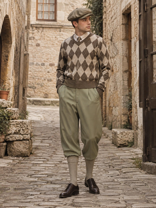 KI-generiertes Bild: Herren-Outfit im 20er-Jahre-Stil mit olivfarbener Knickerbocker, Rautenpullover und Schiebermütze in realer Steingassen-Umgebung.