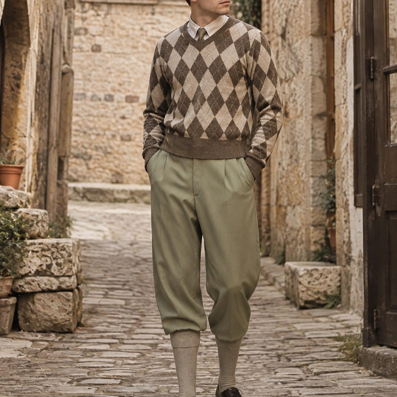 KI-generiertes Bild: Herren-Outfit im 20er-Jahre-Stil mit olivfarbener Knickerbocker, Rautenpullover und Schiebermütze in realer Steingassen-Umgebung.