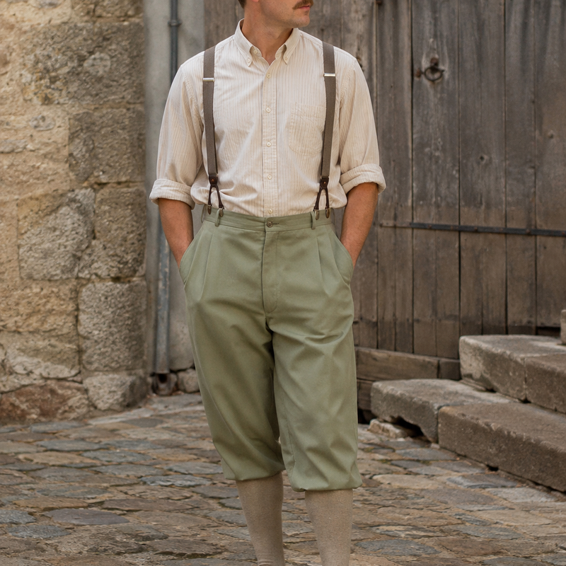 Vintage Knickerbocker in Olivgrün als 20er Jahre Herren Outfit mit Schiebermütze, Hemd, Hosenträgern und Kniestrümpfen an echtem Modell in realer Umgebung, KI-generiert.