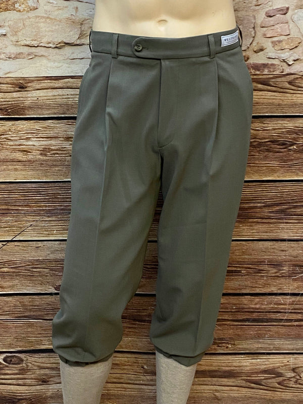Olivgrüne Knickerbocker-Hose aus Schurwoll-Stretch mit Bundfalten und weichem Saumabschluss im 20er-Jahre-Stil