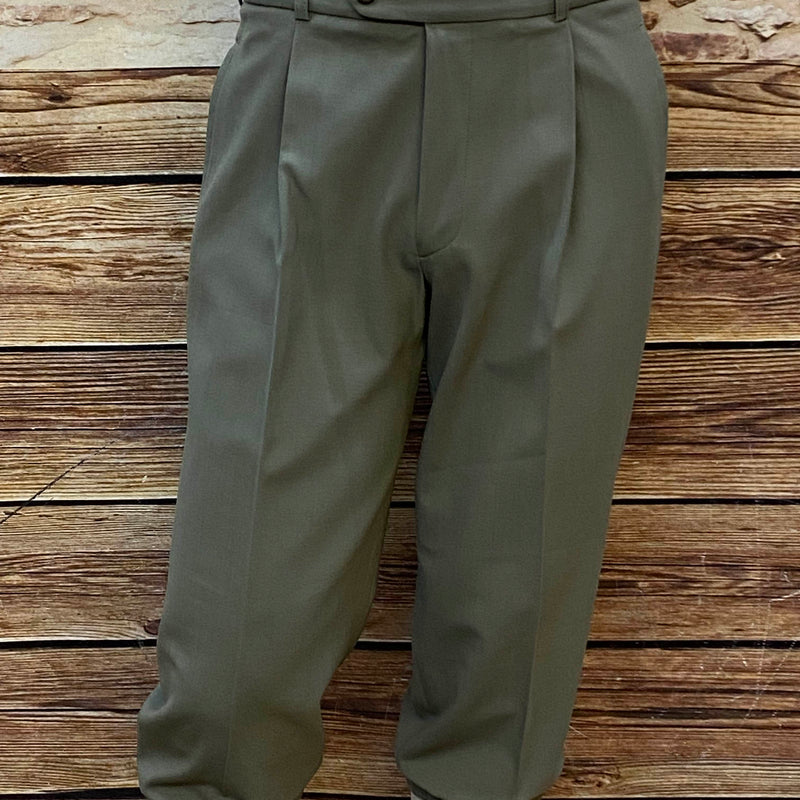 Olivgrüne Knickerbocker-Hose aus Schurwoll-Stretch mit Bundfalten und weichem Saumabschluss im 20er-Jahre-Stil