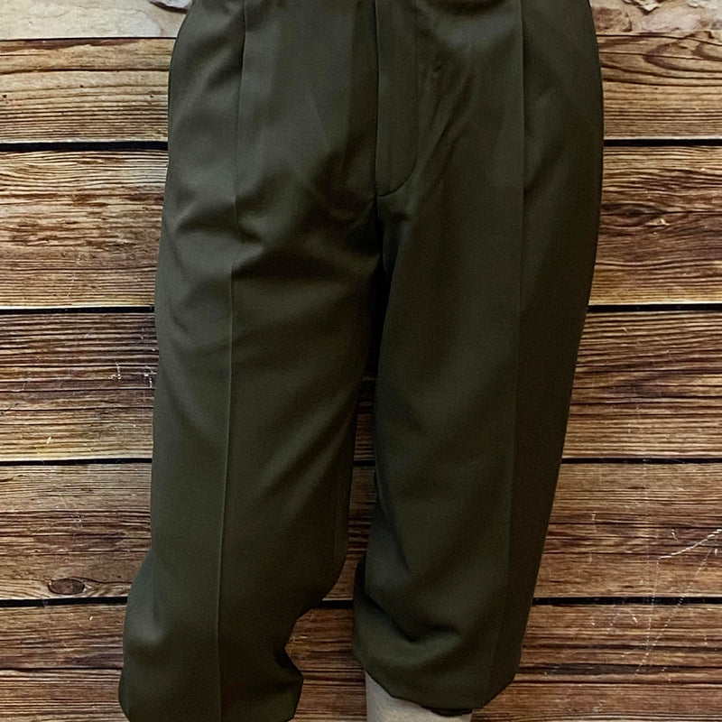 Olivgrüne Knickerbocker-Hose aus Schurwolle mit Bundfalten und weichem Beinabschluss im 20er-Jahre-Stil 