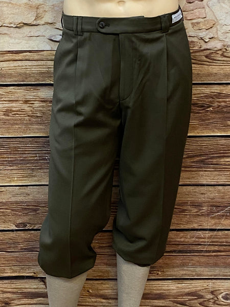 Olivgrüne Knickerbocker-Hose aus Schurwolle mit Bundfalten und weichem Beinabschluss im 20er-Jahre-Stil 
