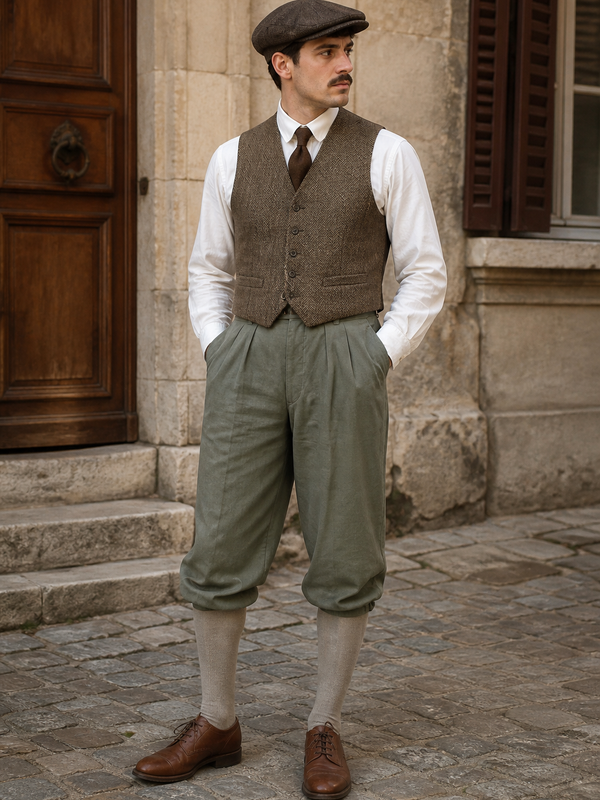 KI-generiertes Tragebild: Herrenmodell im 20er-Jahre-Stil mit grüner Vintage-Knickerbockerhose Gr. 50 und Schiebermütze