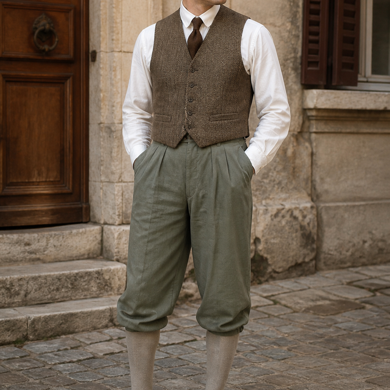 KI-generiertes Tragebild: Herrenmodell im 20er-Jahre-Stil mit grüner Vintage-Knickerbockerhose Gr. 50 und Schiebermütze