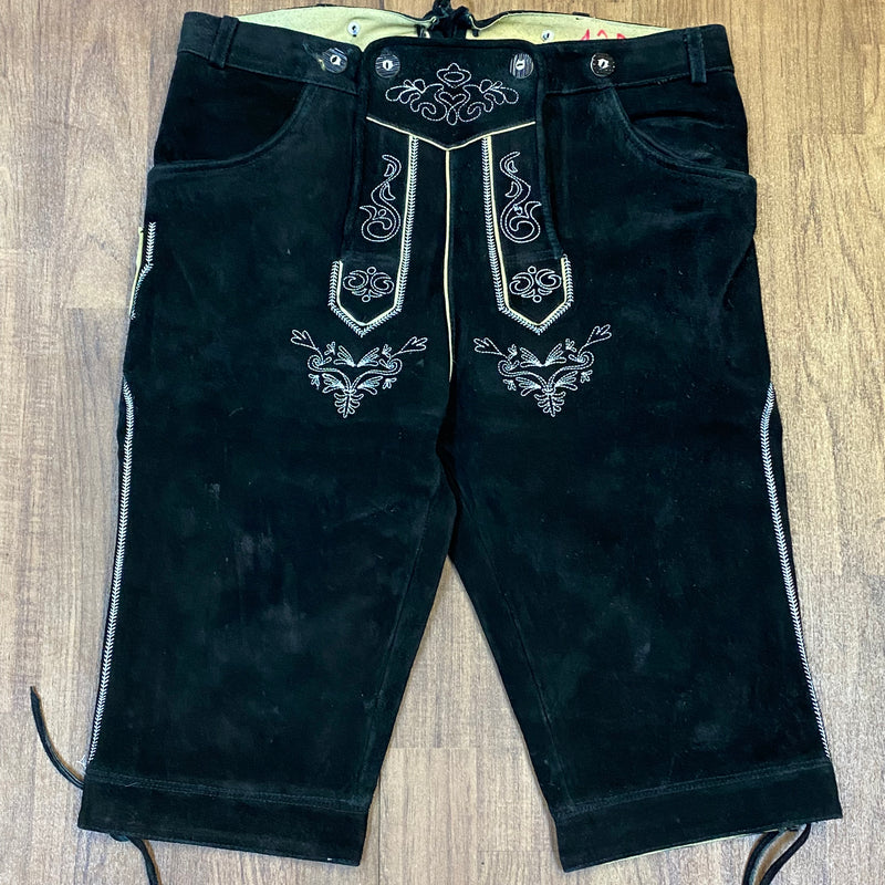 „Vintage Kniebundlederhose Herren schwarz Achim Klein bestickt Vorderansicht“