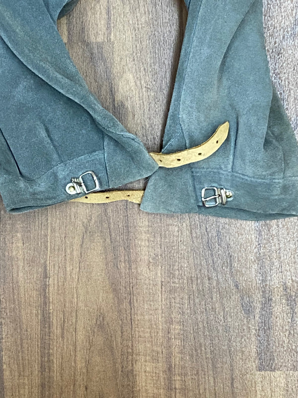 „Detail Kniebundlederhose graugrün Lederhose Bund und Beinverschluss Vintage“