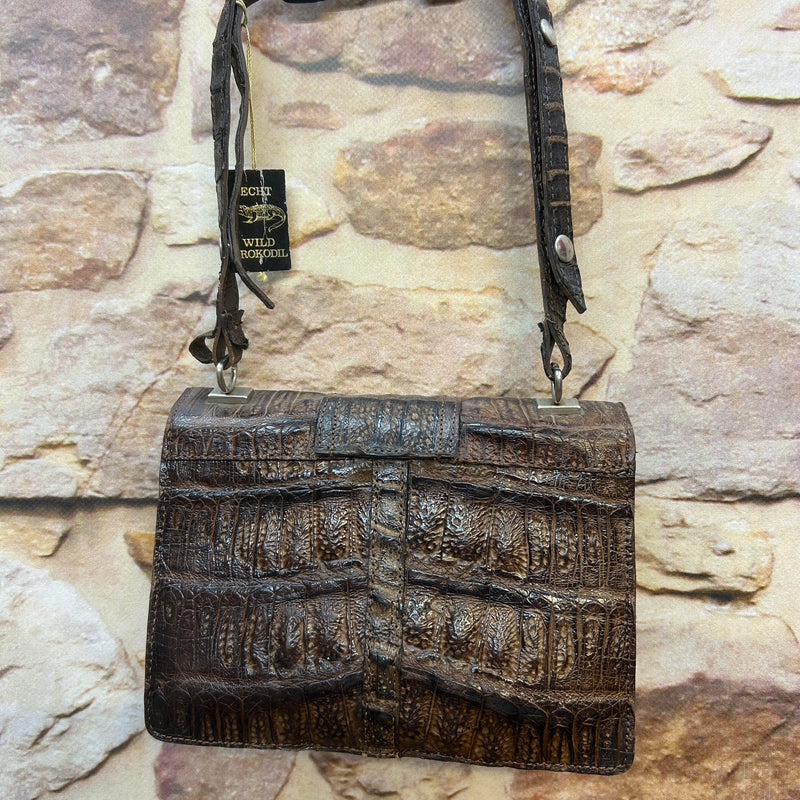 Braune Vintage Krokodilleder Handtasche 20×12×5 cm mit Geldbörse und verstellbarem Riemen – 1950er Luxus