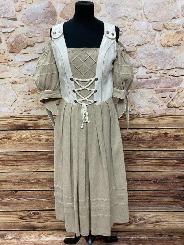 Vintage Landhauskleid Damen Gr. 36 in Natur und Beige mit Schnürung, Carmenärmeln und langem Rock