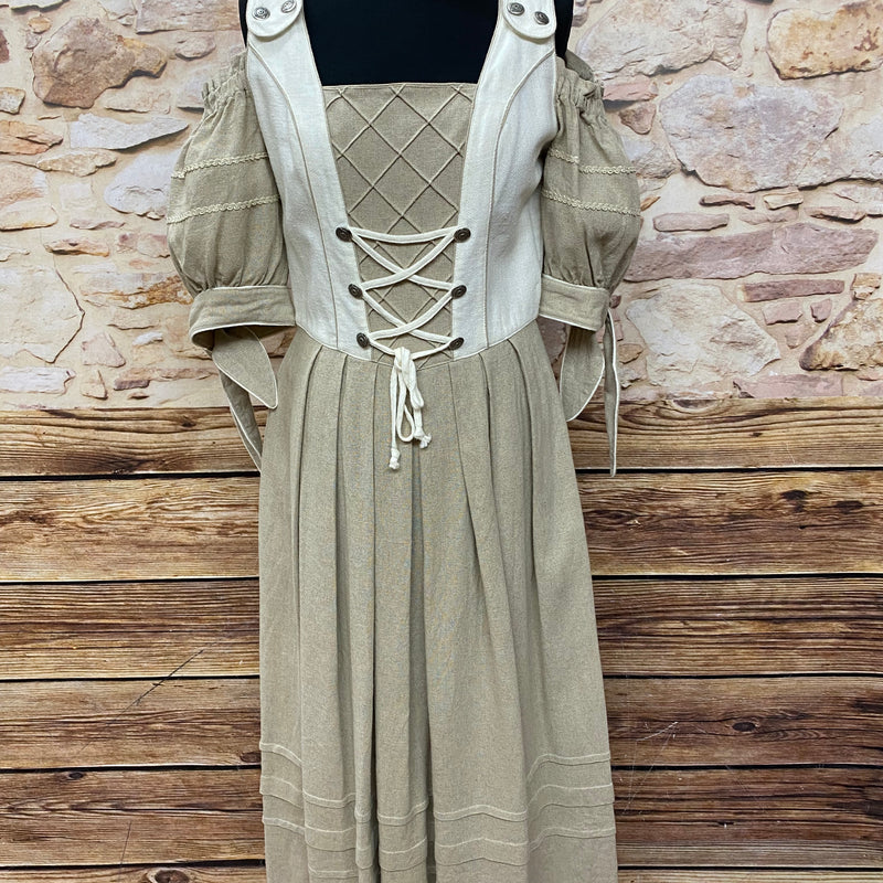 Vintage Landhauskleid Damen Gr. 36 in Natur und Beige mit Schnürung, Carmenärmeln und langem Rock