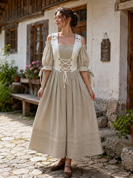 KI-generiert: Weibliches Modell in realer ländlicher Umgebung trägt ein langes Vintage-Landhauskleid in Natur und Beige mit Carmenärmeln, Schnürung und traditionellem Trachtenstil in Größe 36.