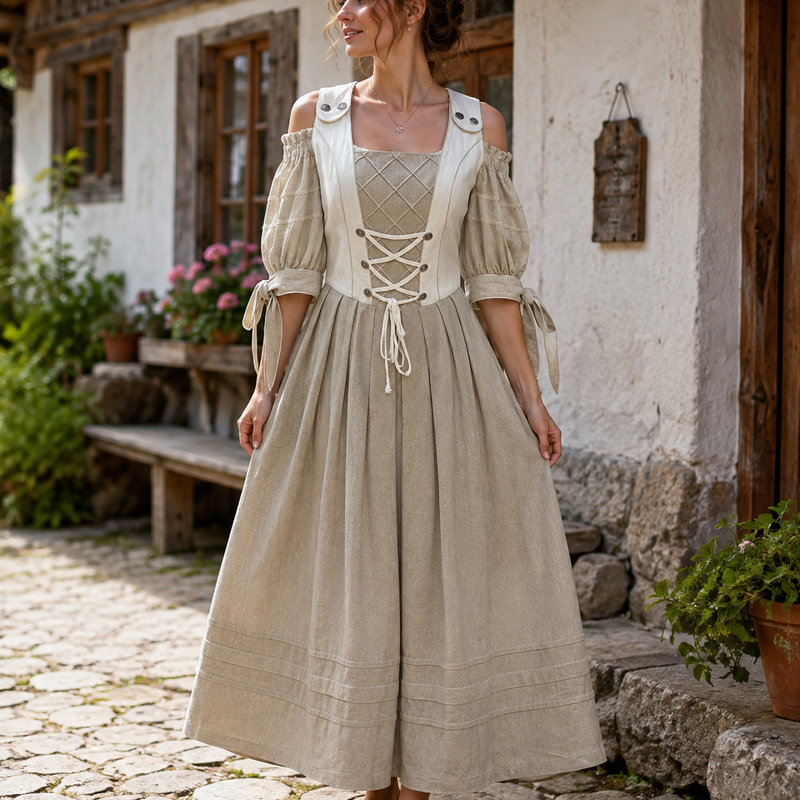KI-generiert: Weibliches Modell in realer ländlicher Umgebung trägt ein langes Vintage-Landhauskleid in Natur und Beige mit Carmenärmeln, Schnürung und traditionellem Trachtenstil in Größe 36.