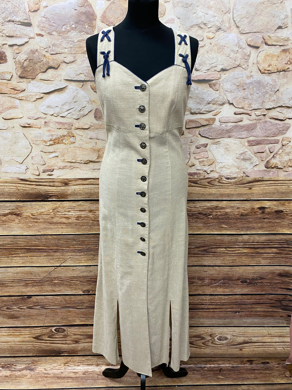 Vintage Landhauskleid Damen Gr. 36 in Natur Beige mit dunkelblauen Details und Trachtenknöpfen