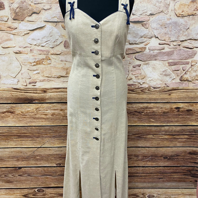 Vintage Landhauskleid Damen Gr. 36 in Natur Beige mit dunkelblauen Details und Trachtenknöpfen