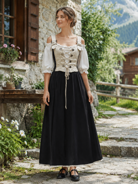 KI-generiert: Frau trägt ein langes Vintage Landhauskleid in Natur und Schwarz mit Schnürmieder, Puffärmeln und Maxirock in ländlicher realer Umgebung, Größe 36.