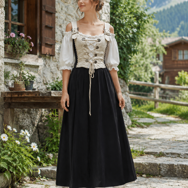 KI-generiert: Frau trägt ein langes Vintage Landhauskleid in Natur und Schwarz mit Schnürmieder, Puffärmeln und Maxirock in ländlicher realer Umgebung, Größe 36.