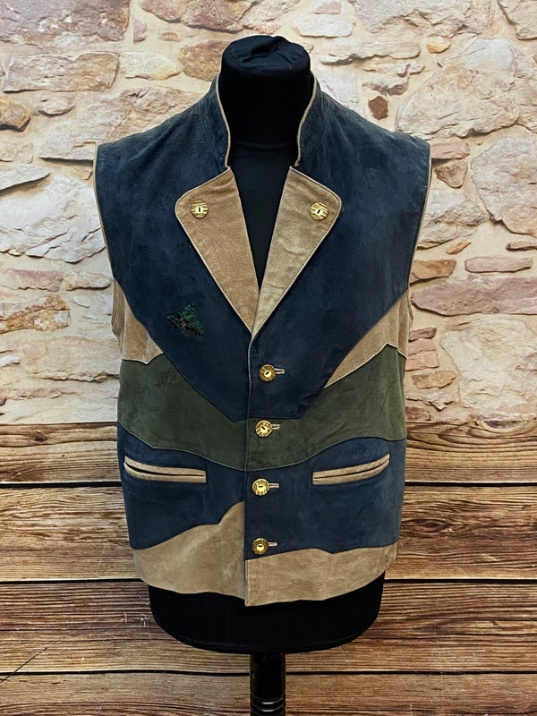 „Vintage Trachtenweste Herren aus echtem Leder mehrfarbig mit Stickerei und klassischen Knöpfen rustikaler Trachtenstil“
