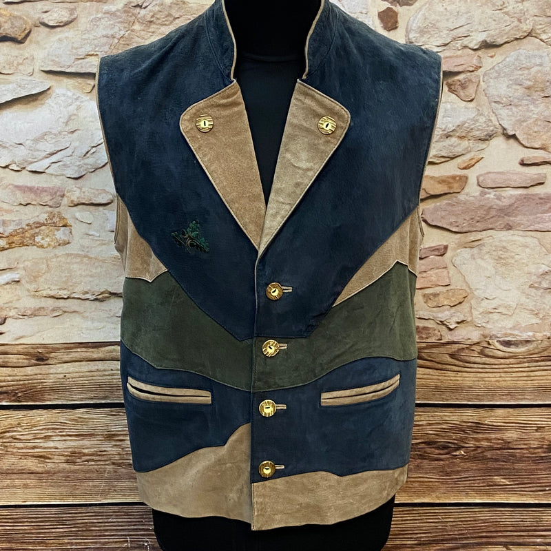 „Vintage Trachtenweste Herren aus echtem Leder mehrfarbig mit Stickerei und klassischen Knöpfen rustikaler Trachtenstil“